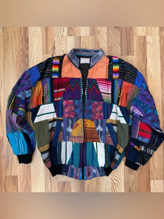 Vintage ALFA Hand-Woven Guatemalan Patchwork Cotton Bomber Jacket - Picture 3 of 5